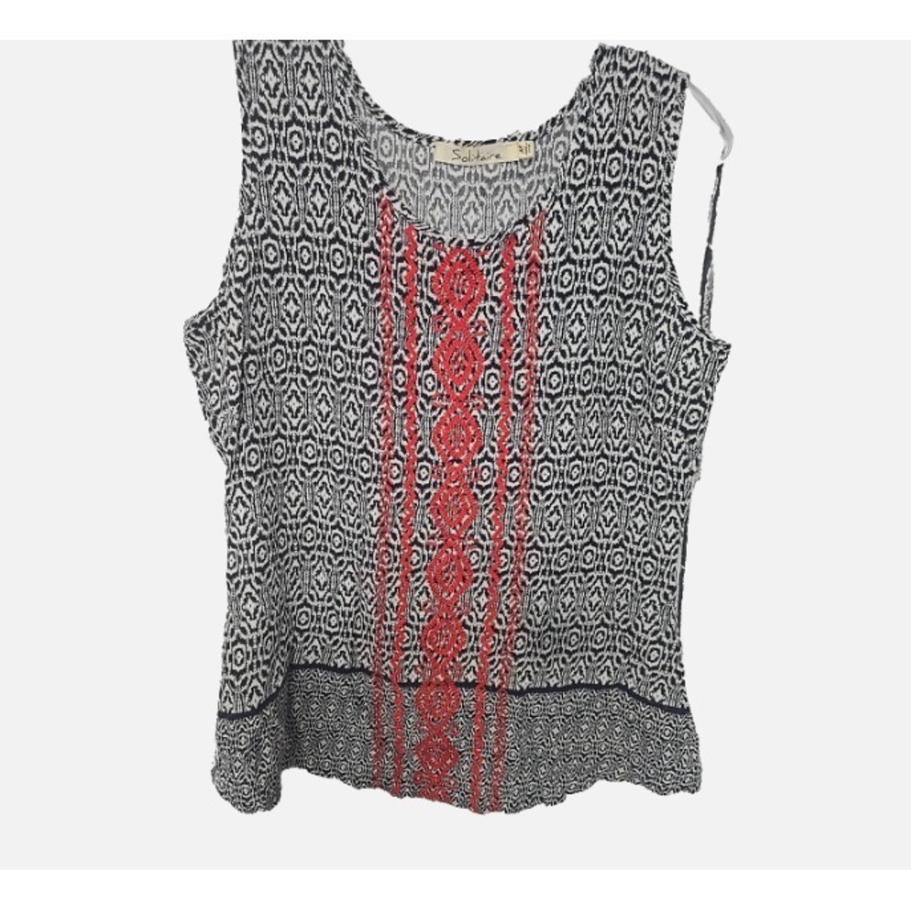 Solitaire Women's Boho Sleeveless Tunic Top Black White Red Embroidered Sz M